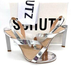 Schutz Kelly Metallic Silver Slingback Sandal Heels New